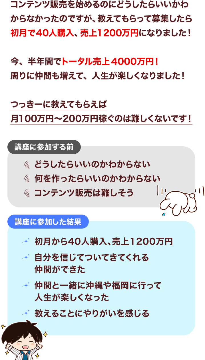 教えてもらって募集したら初月で40人購入、売上1200万円になりました！
