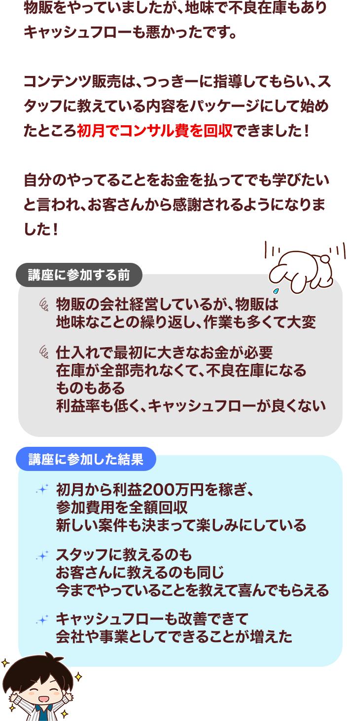 物販をやっていましたが、地味で不良在庫もありキャッシュフローも悪かったです。コンテンツ販売は、つっきーに指導してもらい、スタッフに教えている内容をパッケージにして始めたところ初月でコンサル費を回収できました！